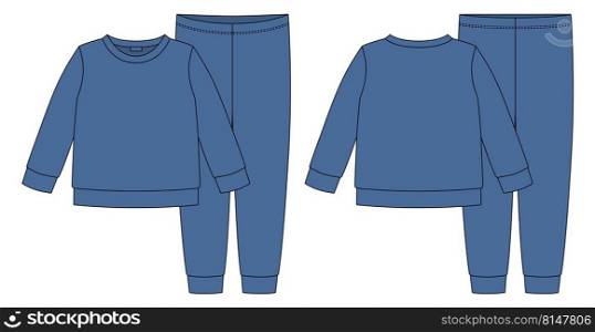 Apparel pajamas technical sketch. Dark blue color. Childrens cotton sweatshirt and pants. Kids outline nighwear design template. Front and back view. CAD fashion vector illustration. Apparel pajamas technical sketch. Dark blue color. C