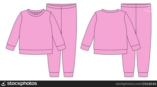 Apparel pajamas technical sketch. Girls cotton sweatshirt and pants. Childrens outline nightwear design template. Pink color. Front and back view. CAD fashion design. Vector illustration. Apparel pajamas technical sketch. Girls cotton sweatshirt and pants.