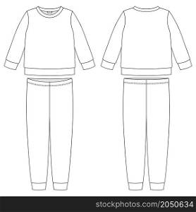 Apparel pajamas technical sketch. Kids outline nighwear design template isolated on white background. Childrens cotton sweatshirt and pants. Front and back view. CAD fashion vector illustration. Apparel pajamas technical sketch. Kids outline nighwear design template isolated. CAD illustration