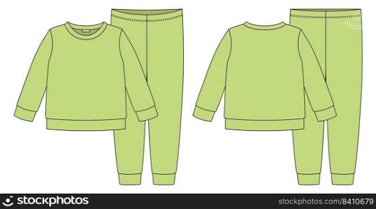 Apparel pajamas technical sketch. light green color. Childrens cotton sweatshirt and pants. Kids outline nighwear design template. Front and back view. CAD fashion vector illustration. Apparel pajamas technical sketch. light green color. Childrens cotton sweatshirt and pants.