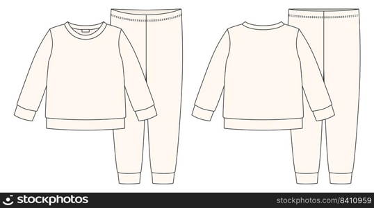 Apparel pajamas technical sketch. Light milk color. Childrens cotton sweatshirt and pants. Kids outline nighwear design template. Front and back view. CAD fashion vector illustration. Apparel pajamas technical sketch. Light milk color.