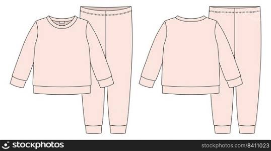Apparel pajamas technical sketch. Light pink color. Childrens cotton sweatshirt and pants. Kids outline nighwear design template. Front and back view. CAD fashion vector illustration. Apparel pajamas technical sketch. Light pink color. Childrens cotton sweatshirt and pants.