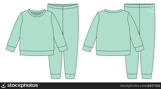 Apparel pajamas technical sketch. Mint color. Childrens cotton sweatshirt and pants. Kids outline nighwear design template. Front and back view. CAD fashion vector illustration. Apparel pajamas technical sketch. Mint color. Childrens cotton sweatshirt and pants.