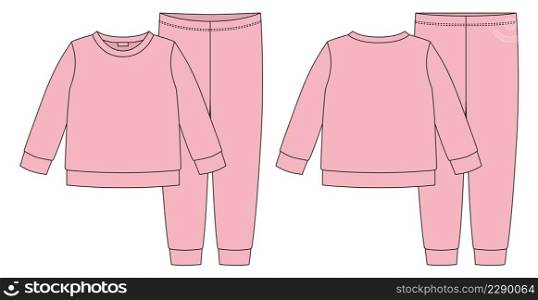 Apparel pajamas technical sketch. Peach pink color. Childrens cotton sweatshirt and pants. Kids outline nighwear design template. Front and back view. CAD fashion vector illustration. Apparel pajamas technical sketch. Peach pink color. Childrens cotton sweatshirt and pants.