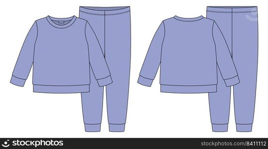 Apparel pajamas technical sketch. Violet color. Childrens cotton sweatshirt and pants. Kids outline nighwear design template. Front and back view. CAD fashion vector illustration. Apparel pajamas technical sketch. Violet color. Childrens cotton sweatshirt and pants.