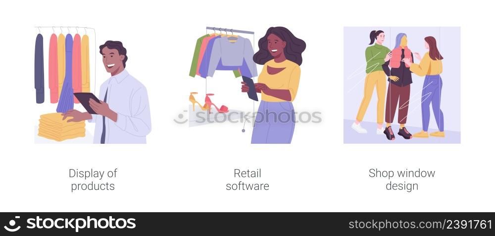 Apparel retailer isolated cartoon vector illustrations set. Merchandiser display products, salesperson use retail software on tablet, store inventory management, shop window design vector cartoon.. Apparel retailer isolated cartoon vector illustrations set.