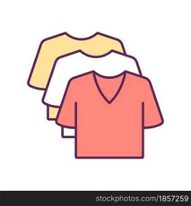 Apparel RGB color icon. Various t shirts. Sportswear wardrobe. Casual style outfit. Shopping clothing. Purchasing wear. Consumerism. Isolated vector illustration. Simple filled line drawing. Apparel RGB color icon