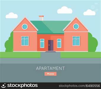 Appartment Banner Poster Template. Separete House.. Appartment banner poster template. Separete house. Exterior home icon symbol. Residential cottage in red colors. Part of series of modern buildings in flat design style. Real estate concept. Vector