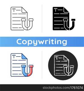 Appealing text icon. Brief letter. Online email. Engaging content for social media. SEO report. Writing commercial text. Linear black and RGB color styles. Isolated vector illustrations. Appealing text icon