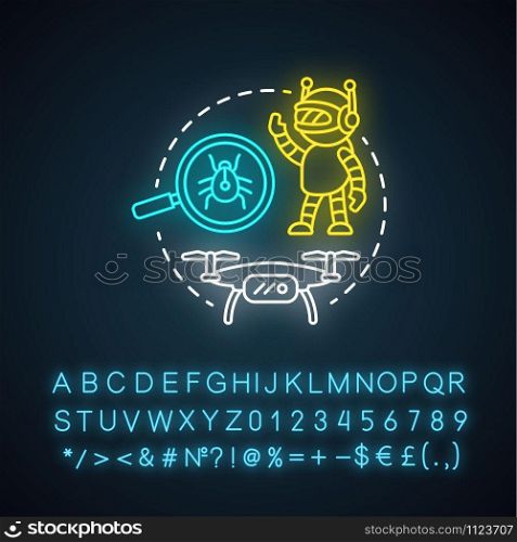 Appearance neon light concept icon. Robots and electronic devices idea. Modern gadgets, creations. Innovative design. Glowing sign with alphabet, numbers and symbols. Vector isolated illustration