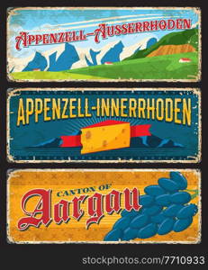 Appenzell-Ausserrhoden, Appenzell-Innerrhoden and Argau Swiss canton plates. Vector vintage banners with Switzerland cheese, grapes and mountains. Travel touristic landmark signs, retro grunge boards. Swiss canton plates, vector vintage banners set