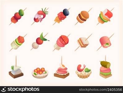 Appetizer food. Various snacks buffet products with cheese vegetables sandwich canape for dish table exact vector illustrations in cartoon style. Canape appetizer, restaurant snack sandwich. Appetizer food. Various snacks buffet products with cheese vegetables sandwich canape for dish table exact vector illustrations in cartoon style