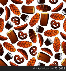 Appetizing bakery and pastry seamless pattern of golden long loaves and whole grain bread, glazed cupcakes with raisins, french croissants, salted pretzels and sweet buns with poppy seeds. Cafe and bakery shop themes. Bakery and pastry seamless pattern