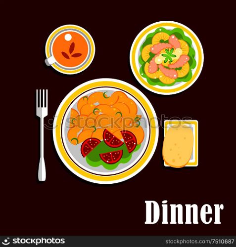 Appetizing dinner served on table with fried potatoes, fresh tomato vegetables, seafood salad with shrimp, pineapple and lettuce, wheat bread and cup of black tea. Dinner with fried potato, shrimp salad and tea cup