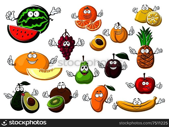 Appetizing ripe tropical and garden fruits with watermelon, grape and melon, avocado and kiwi, pear and orange, apricot and plum, mango and apple, banana, lemon and pineapple. Appetizing ripe tropical and garden fruits