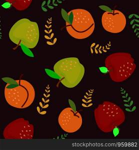 Apple and apricot seamles pattern on brown. Vector illustration.. Apple and apricot seamles pattern on brown