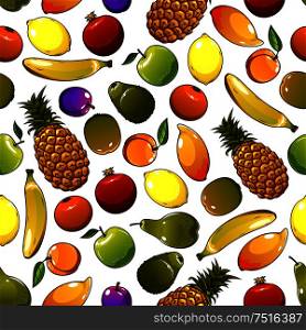 Apple and banana, orange and plum, avocado and pineapple, lemon and pear, kiwi and apricot, pomegranate fruits seamless pattern for healthy nutrition or dessert food design. Ripe tropical fruits seamless pattern
