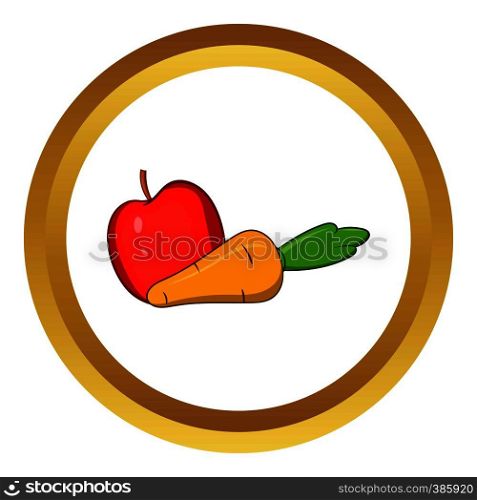 Apple and carrot vector icon in golden circle, cartoon style isolated on white background. Apple and carrot vector icon, cartoon style