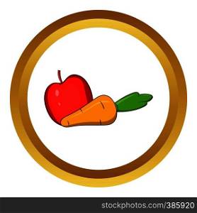 Apple and carrot vector icon in golden circle, cartoon style isolated on white background. Apple and carrot vector icon, cartoon style