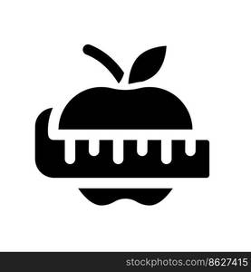 Apple and measuring tape black glyph ui icon. Weight loss. Dietary nutrition. User interface design. Silhouette symbol on white space. Solid pictogram for web, mobile. Isolated vector illustration. Apple and measuring tape black glyph ui icon