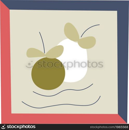 Apple and pear fruits on still life in frame, arts and decoration for home or office interior design. Ripe food products, advertising of ingredients and healthy lifestyle. Vector in flat style. Still life picture with apple and pear fruits