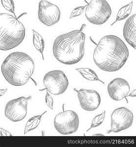 Apple and pear seamless pattern on white background. Apple tree leaf and pear backdrop. Hand drawn fruits wallpaper. Engraving vintage style. Vector illustration.. Apple and pear seamless pattern on white background.