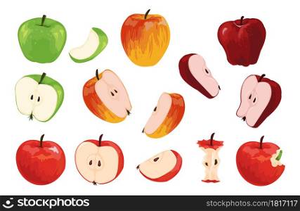 Apple. Cartoon half full and quarter of fruit with worm. Orchard vegetarian food collection. Isolated ripe juicy vitamin plants for healthy nutrition. Vector fresh organic green or red products set. Apple. Cartoon half full and quarter of fruit with worm. Orchard vegetarian food collection. Ripe juicy vitamin plants for healthy nutrition. Vector organic green or red products set