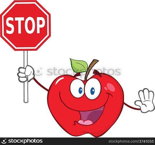 Apple Cartoon Mascot Character Holding A Stop Sign