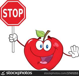 Apple Cartoon Mascot Character Holding A Stop Sign