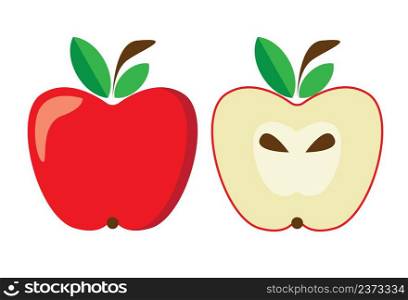 Apple cartoon slice and whole fruit isolated on white background. Vector illustration.