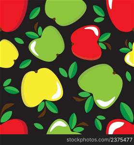 Apple cartoon whole fruit seamless pattern on black background. Vector illustration.