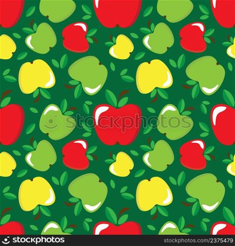 Apple cartoon whole fruit seamless pattern on green background. Vector illustration.