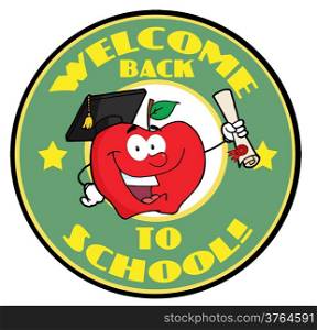 Apple Character Graduate Holding A Diploma With Text Back to School Green Banner