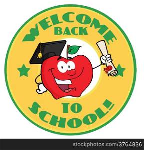Apple Character Graduate Holding A Diploma With Text Back to School Yellow Banner