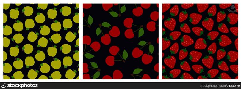 Apple, cherry and strawberry. Fruit seamless pattern set. Fashion design. Food print for clothes, linens or curtain. Hand drawn vector sketch background collection