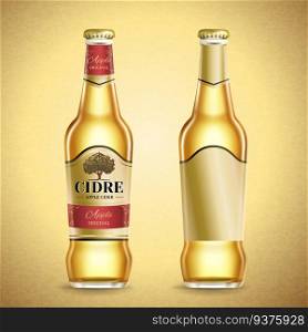 Apple cider package design, fruit beer with label in 3d illustration on golden color background. Apple cider package design