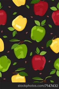 Apple colorful seamless pattern on black background. Red, Green and Yellow apples fruits vector illustration.