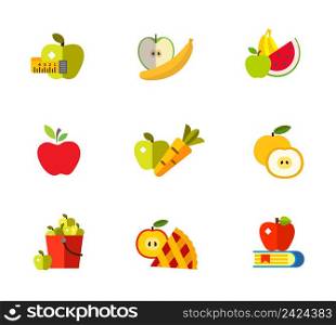 Apple concept icon set. Measuring tape Banana Summer fruit Apple Carrot Cut fruit Bucket Apple pie slice Knowledge concept