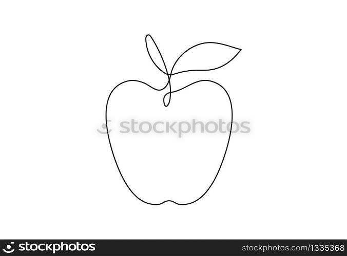 Apple continuous line drawing, Black and white vector minimalism linear illustration made of one line