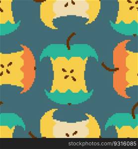 Apple core pixel art seamless pattern. pixelated Fruit background. Retro texture