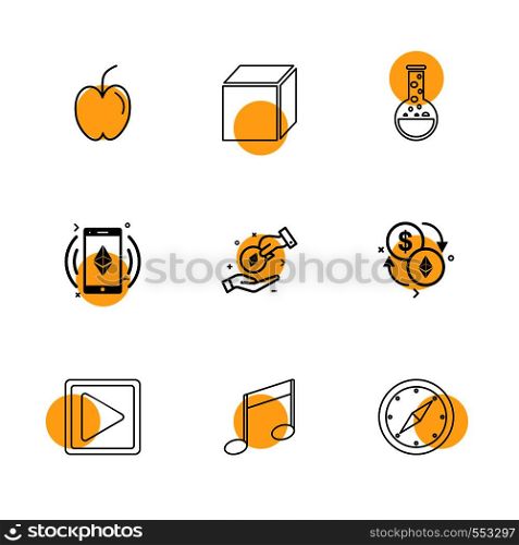 apple , cube , beaker , play , music, compass , dollar , crypto currency, icon, vector, design, flat, collection, style, creative, icons
