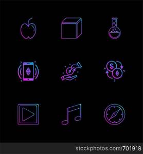 apple , cube , beaker , play , music, compass , dollar , crypto currency, icon, vector, design, flat, collection, style, creative, icons