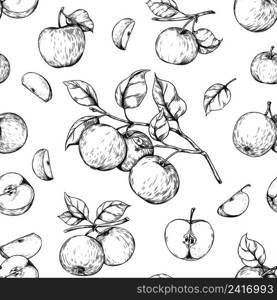 Apple engraving pattern. Seamless hand drawn print with organic garden fruits. Orchard crop. Half juicy pieces. Plant branches with leaves. Food harvest. Pencil sketch background. Vector texture. Apple engraving pattern. Seamless hand drawn print with organic garden fruits. Orchard crop. Juicy pieces. Plant branches with leaves. Food harvest. Sketch background. Vector texture