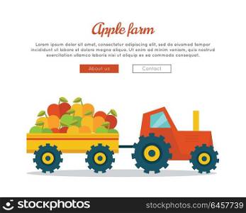 Apple farm conceptual banner. Flat design. Delivering fresh fruits from farm to market. Tractor with trailer carries big apples. Template for farm, fruit shop, transport company web page. . Apple Farm Web Vector Banner in Flat Design.