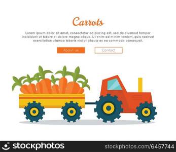 Apple farm conceptual banner. Flat design. Delivering fresh fruits from farm to market. Tractor with trailer carries big apples. Template for farm, fruit shop, transport company web page. . Carrot Farm Web Vector Banner in Flat Design.