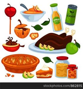 Apple food and drinks or desserts. Vector apple fruit juice cider or jam and pie, roasted turkey with garnish and sweet apples in caramel baked and cooked ingredients flat isolated icons set. Apple food and drinks or desserts.