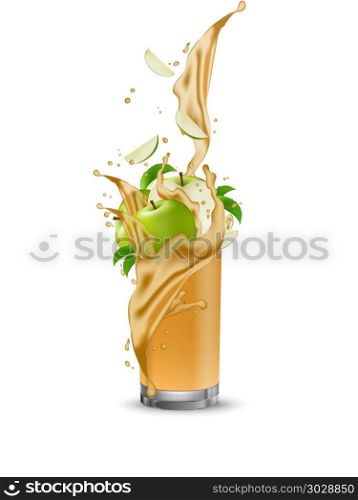Apple fruit juice splashing into the glass with swirl. Apple 3d . Apple fruit juice splashing into the glass with swirl. Apple 3d slices falling in the cup. Vector.