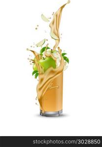 Apple fruit juice splashing into the glass with swirl. Apple 3d . Apple fruit juice splashing into the glass with swirl. Apple 3d slices falling in the cup. Vector.