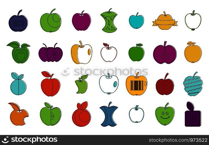 Apple icon set. Color outline set of apple vector icons for web design isolated on white background. Apple icon set, color outline style