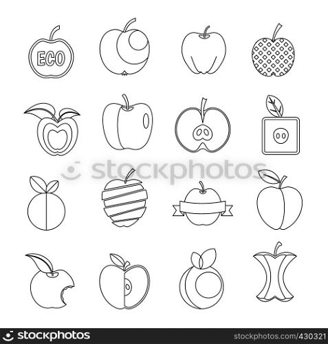 Apple icons set design logo. Outline illustration of 16 apple design logo vector icons for web. Apple icons set design logo, outline style